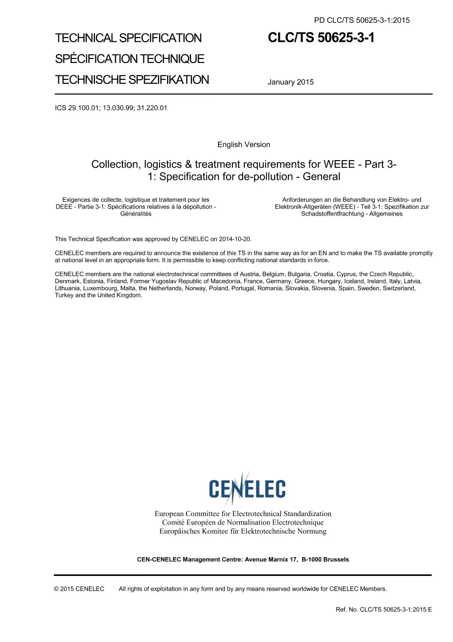 BS PD CLC/TS 50625-3-1:2015 BS PD CLC/TS 50625-3-1:2015