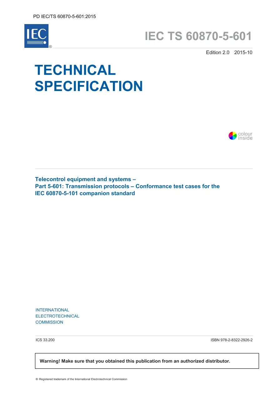BS PD IEC/TS 60870-5-601:2015 BS PD IEC/TS 60870-5-601:2015