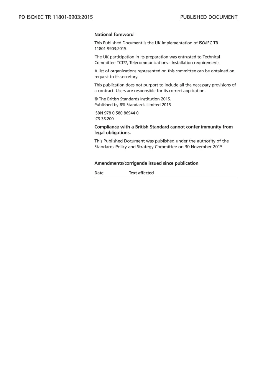BS PD ISO/IEC TR 11801-9903:2015 BS PD ISO/IEC TR 11801-9903:2015