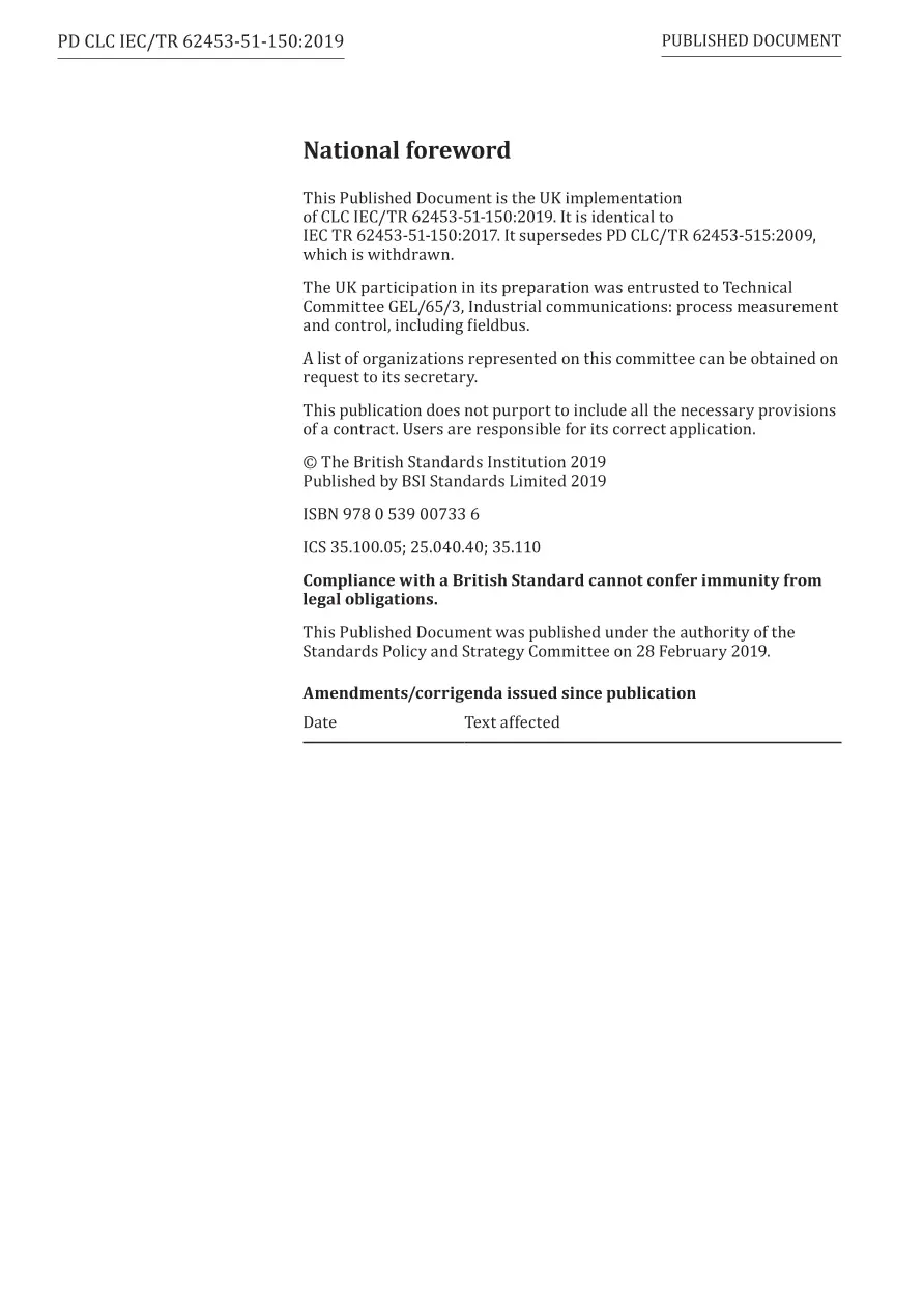 BS PD CLC IEC/TR 62453-51-150:2019 BS PD CLC IEC/TR 62453-51-150:2019