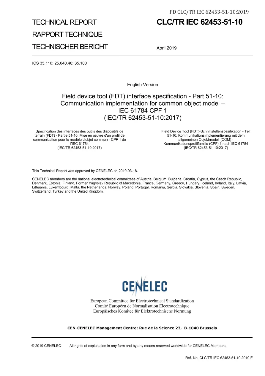 BS PD CLC/TR IEC 62453-51-10:2019 BS PD CLC/TR IEC 62453-51-10:2019