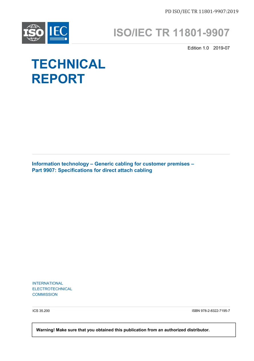 BS PD ISO/IEC TR 11801-9907:2019 BS PD ISO/IEC TR 11801-9907:2019