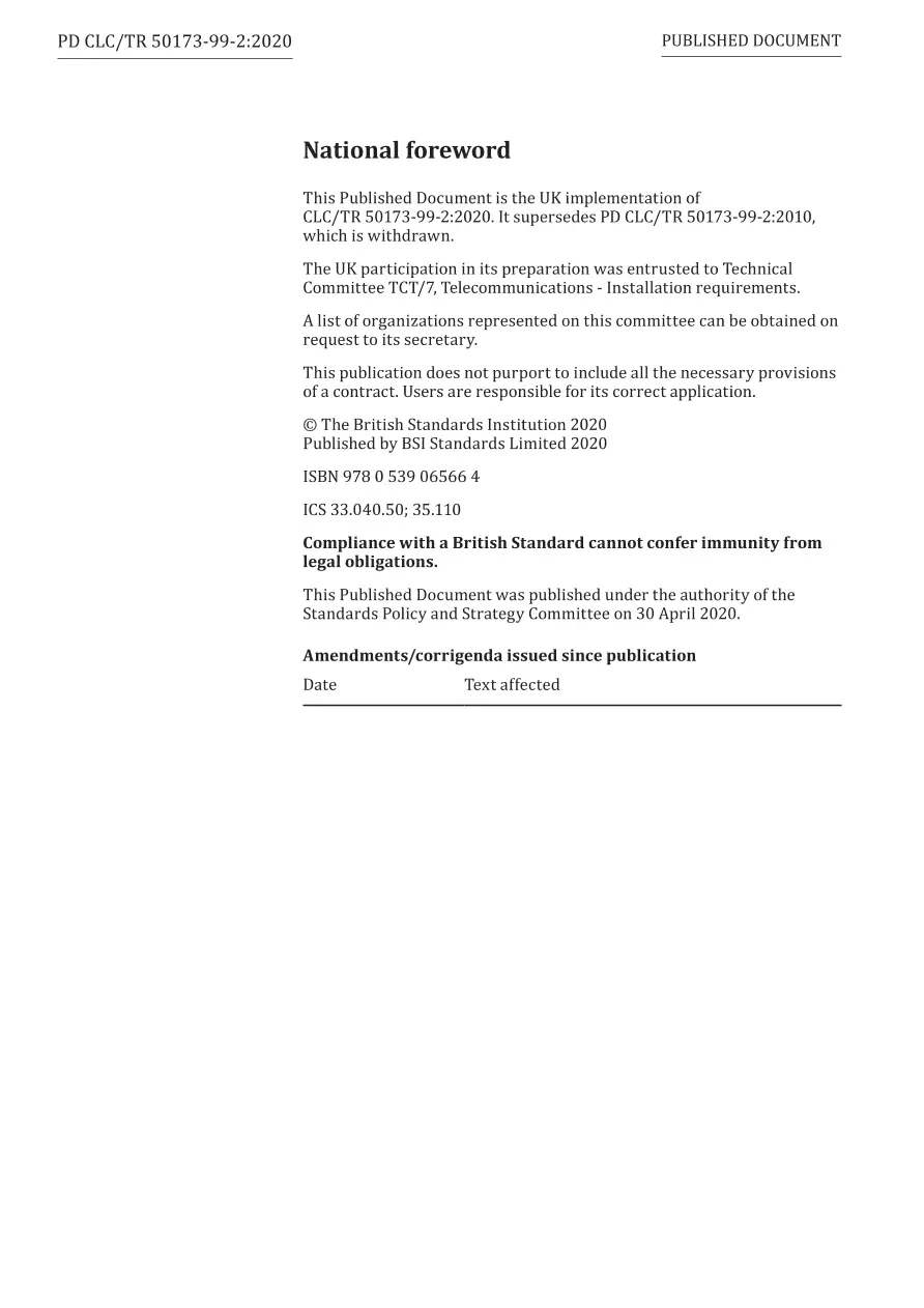 BS PD CLC/TR 50173-99-2:2020 BS PD CLC/TR 50173-99-2:2020