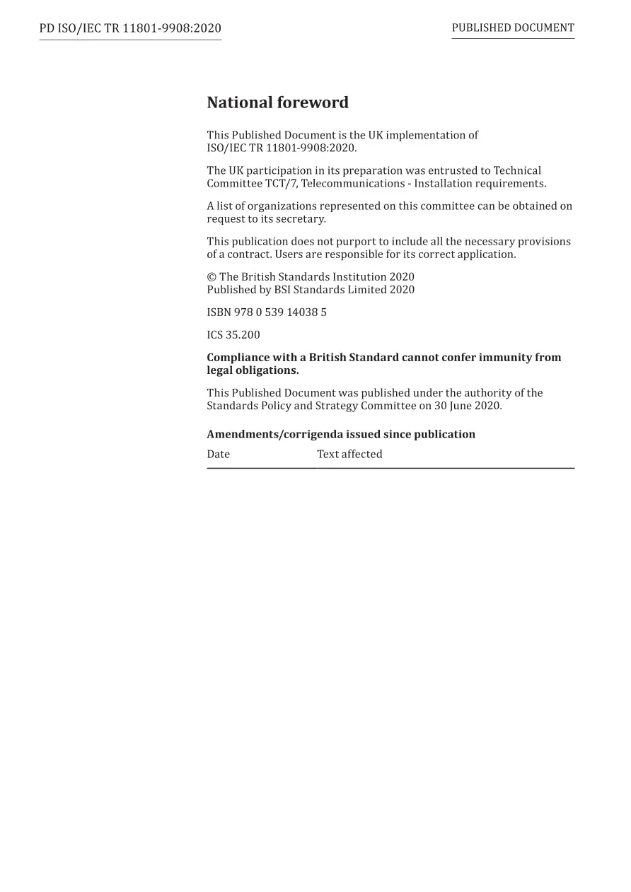 BS PD ISO/IEC TR 11801-9908:2020 BS PD ISO/IEC TR 11801-9908:2020