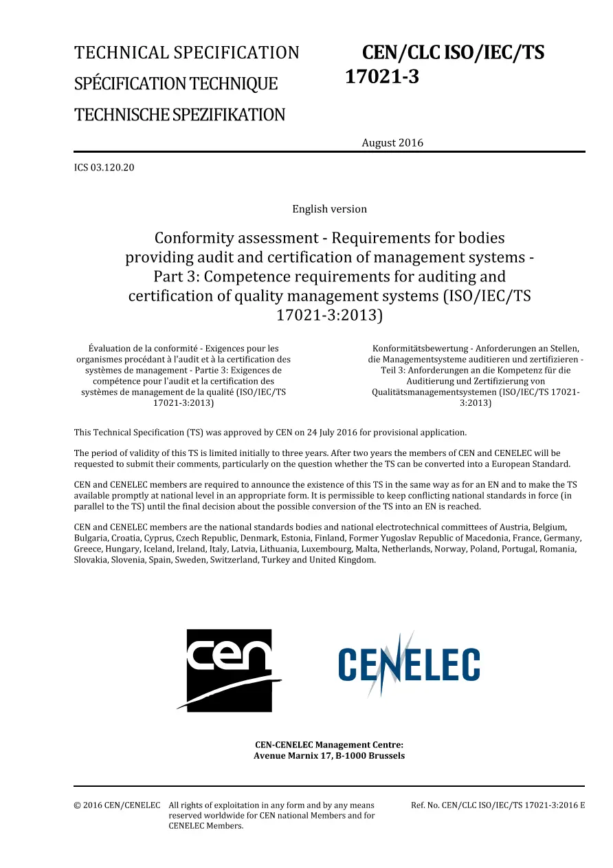 BS PD CEN/CLC ISO/IEC TS 17021-3:2016 BS PD CEN/CLC ISO/IEC TS 17021-3:2016