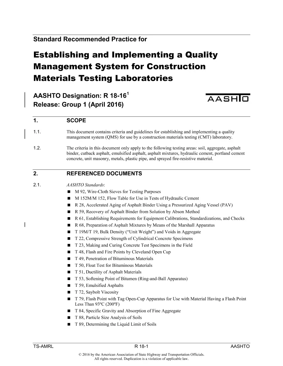 AASHTO R 18-16 AASHTO R 18-16